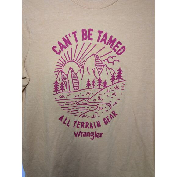 Womens Wrangler Graphic Tee Shirt Size Small Mustard Yellow Can't Be Tamed - Picture 2 of 6